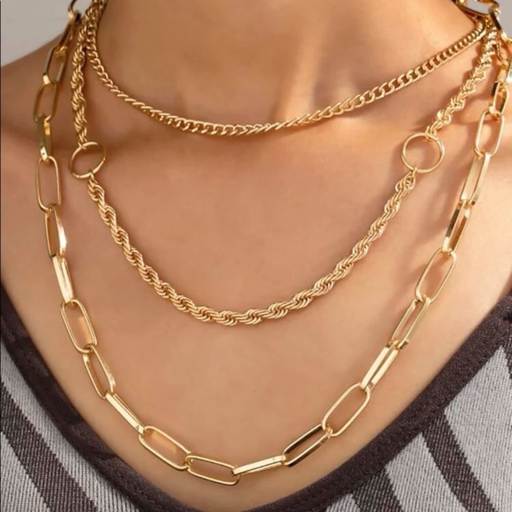 Gold Plated Triple Layered Italian Rope Twist Thick Gold Link Necklace’s